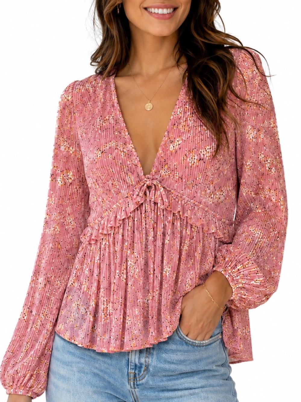 Pink Floral Pleated Peplum Blouse Romantic Boho Long Sleeve Top XL